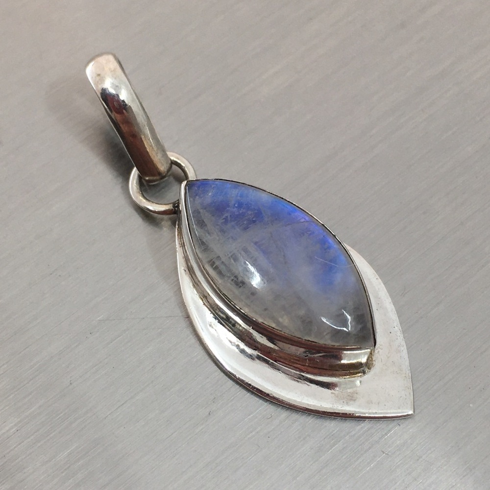 Vintage Marquise Moonstone Cabochon Sterling Silver Pendant Signed